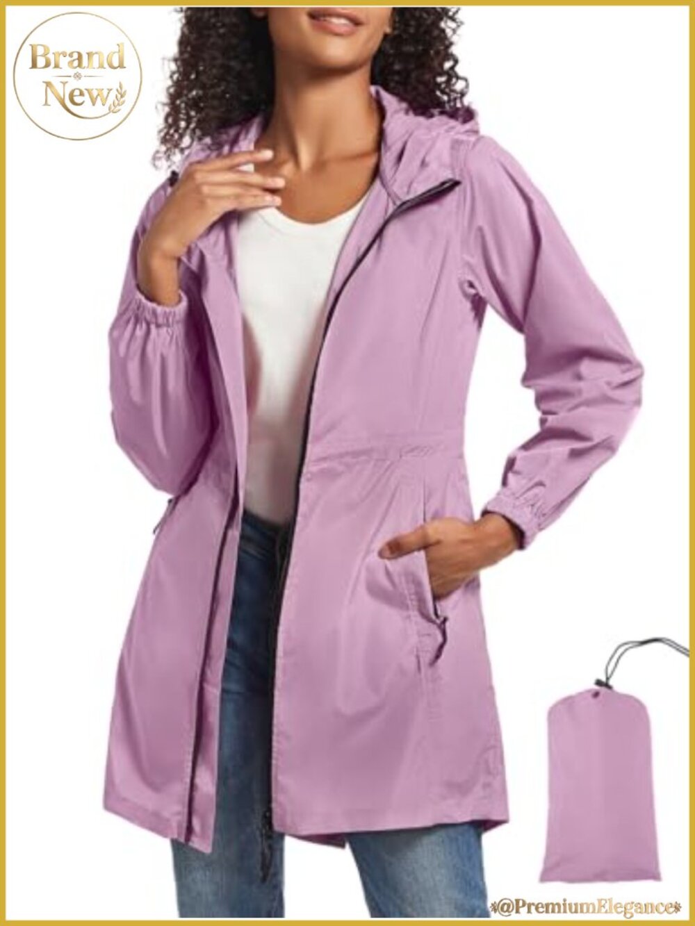 Long Packable Waterproof Rain Jacket with Hood Two-Way Zipper